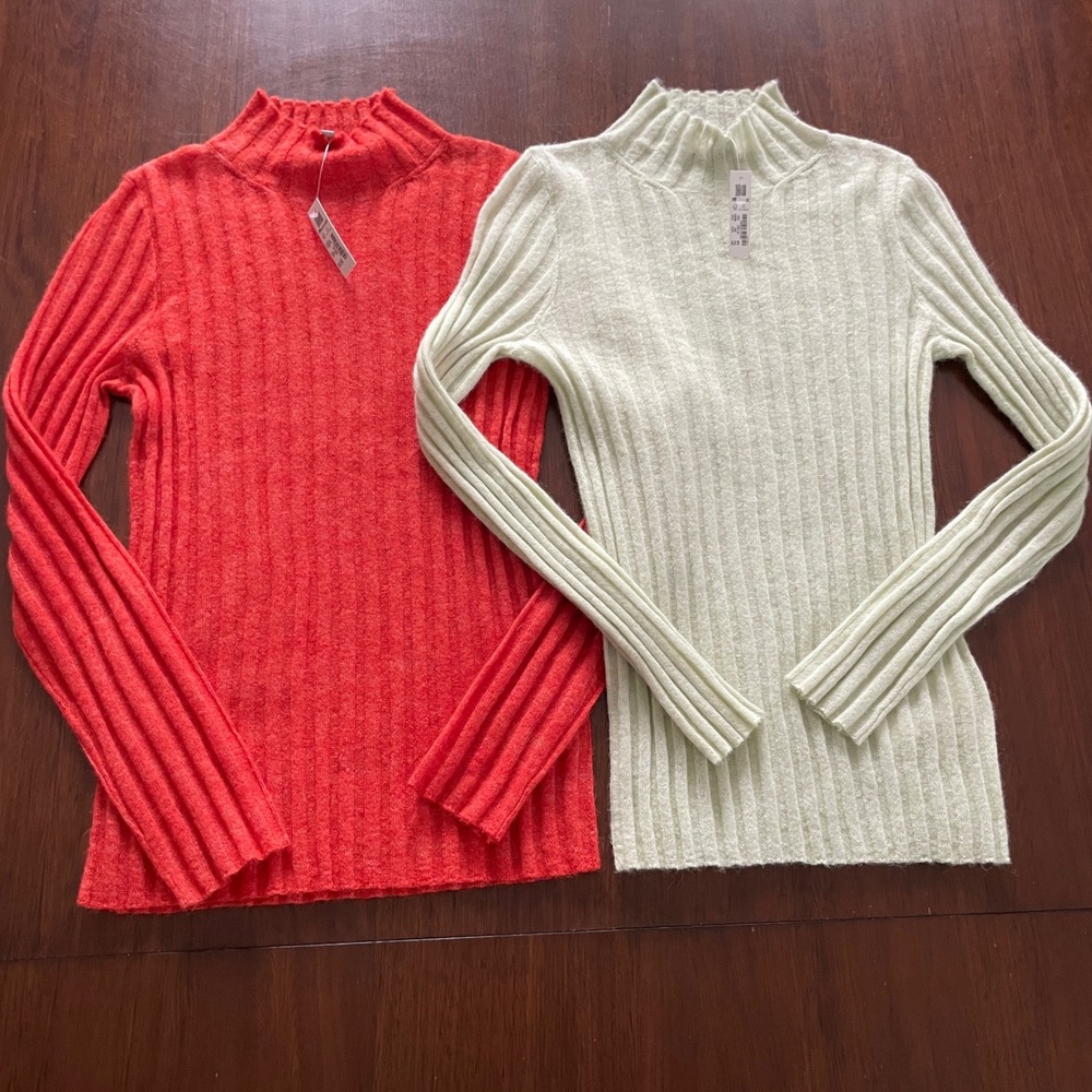 Madewell Ribbed Mockneck Sweater Set XXS‎ Red Green Alpaca Blend Minimalist Chic